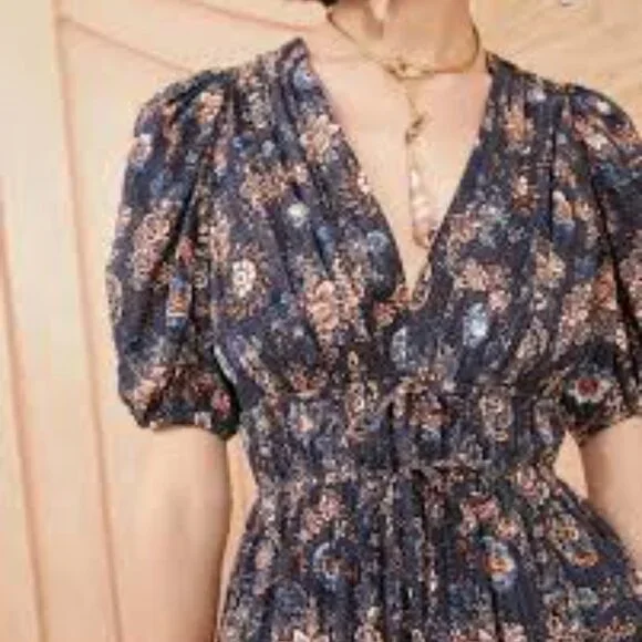 Ulla Johnson Navy Brown Floral Puff Sleeve Midi Dress - Picture 3 of 10
